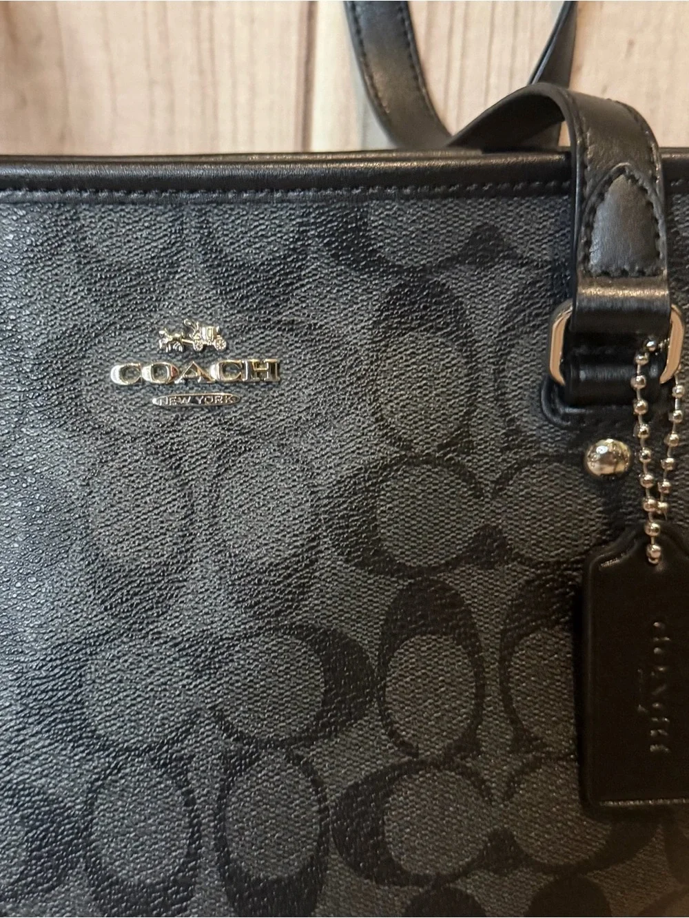 Coach Signature Logo Tote Bag Black Double Handles Silver Hardware